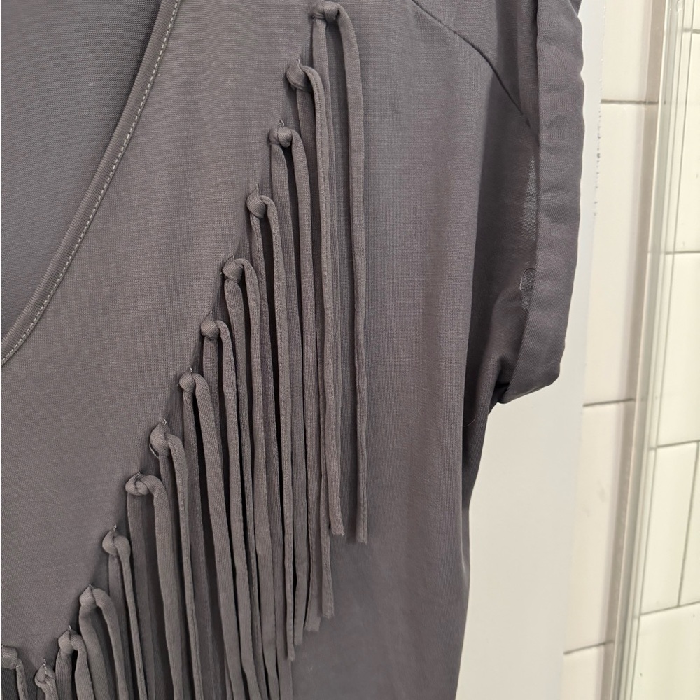 Naked Zebra grey fringe cuffed sleeve v neck size S